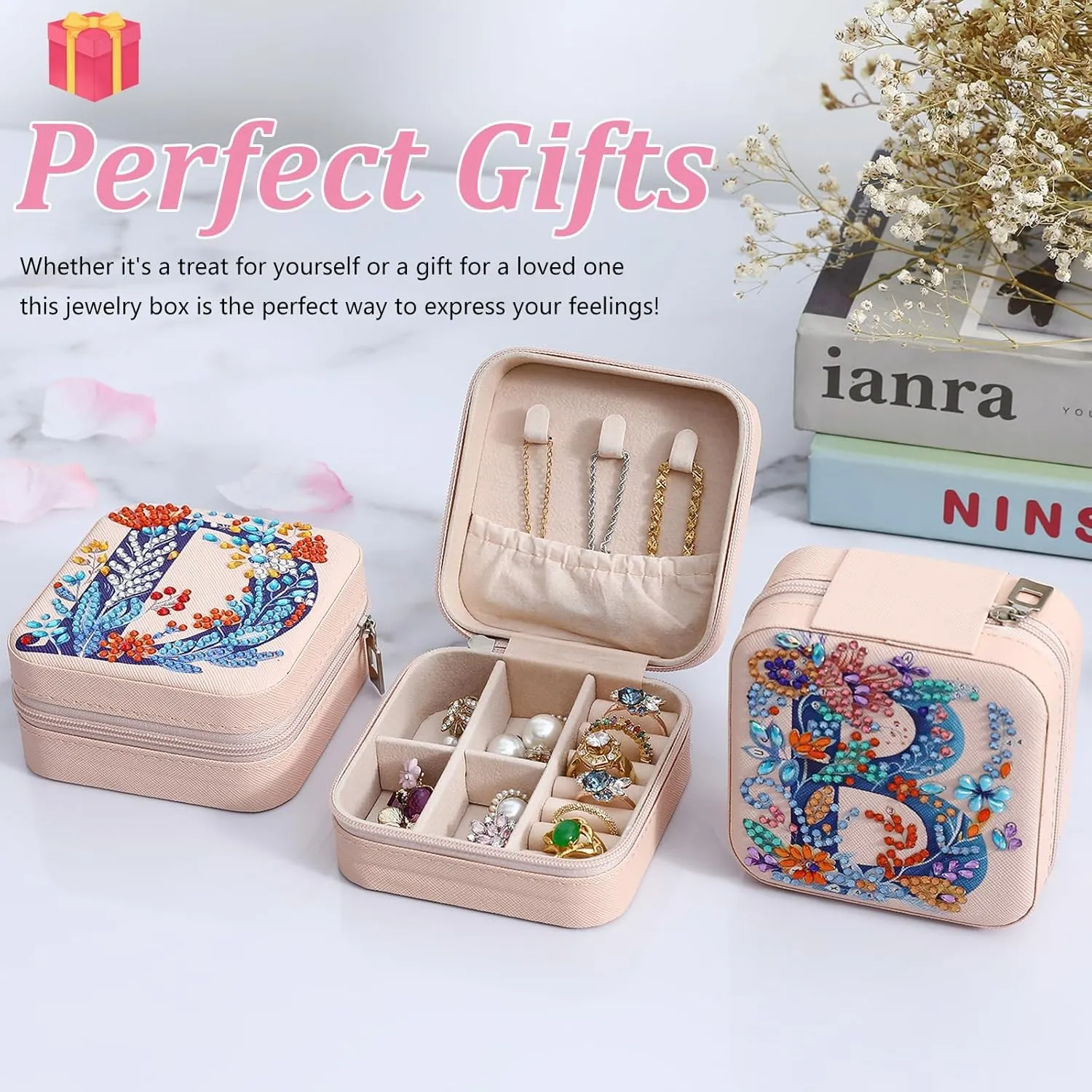 Diamond Art Jewelry Box Girls Mini Jewelry Box Earring Box Christmas Gifts Birthday Gifts for Teen Girl Women Mom Sister Friends Bestie（Letter E, Pink）
