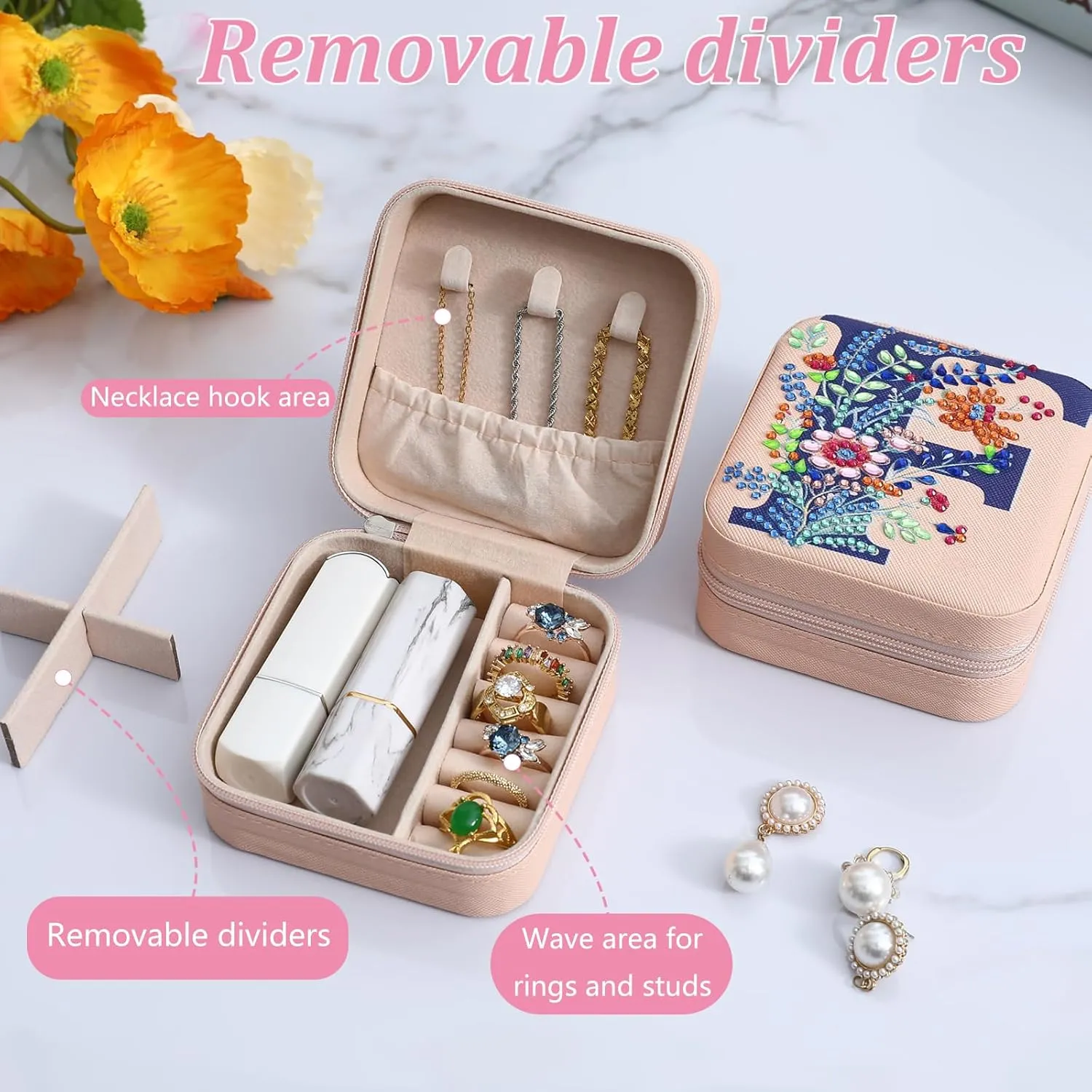 Diamond Art Jewelry Box Girls Mini Jewelry Box Earring Box Christmas Gifts Birthday Gifts for Teen Girl Women Mom Sister Friends Bestie（Letter E, Pink）