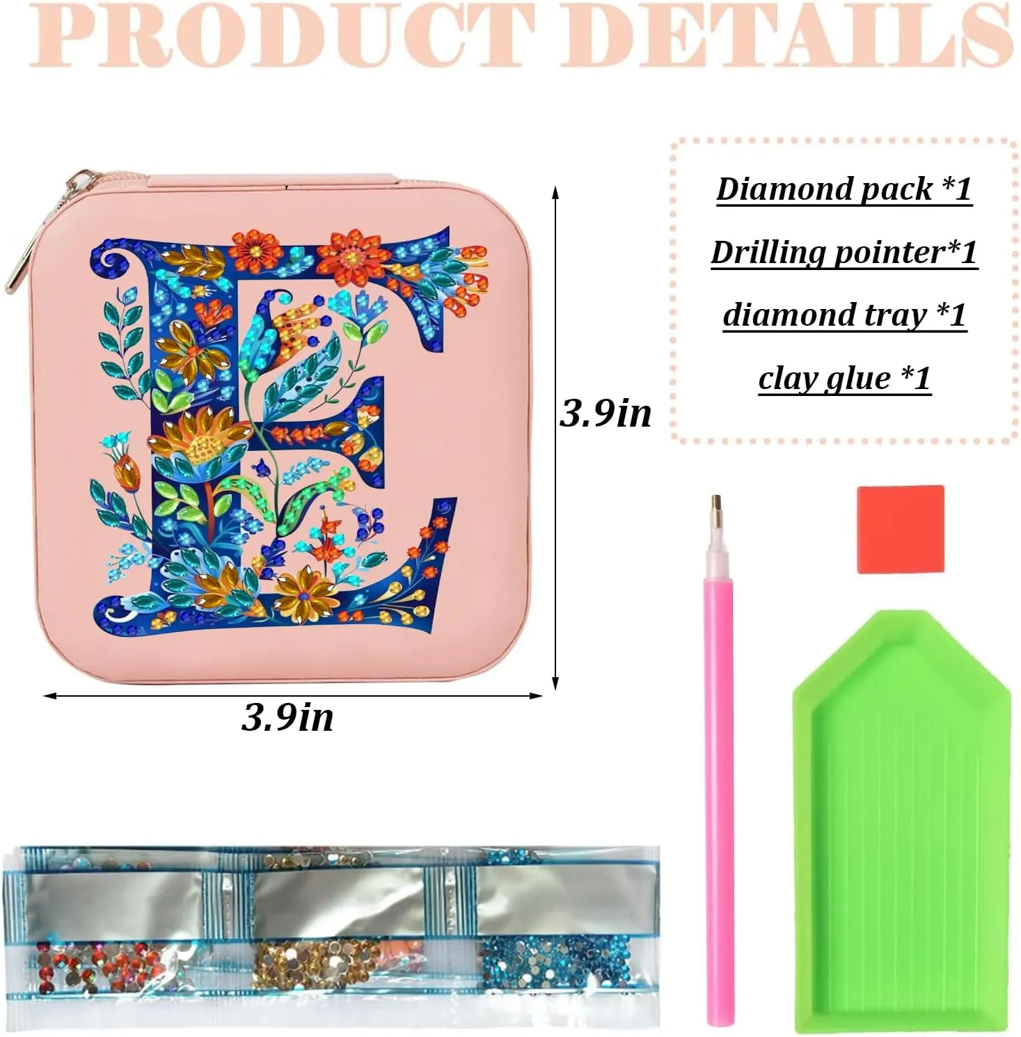 Diamond Art Jewelry Box Girls Mini Jewelry Box Earring Box Christmas Gifts Birthday Gifts for Teen Girl Women Mom Sister Friends Bestie（Letter E, Pink）