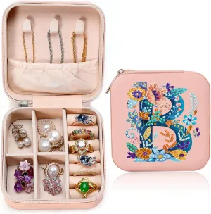 Diamond Art Jewelry Box Mini Jewelry Box Earring Box Christmas Gifts Birthday Gifts for Women or Mom Sister Friends Bestie（Letter B, Pink）