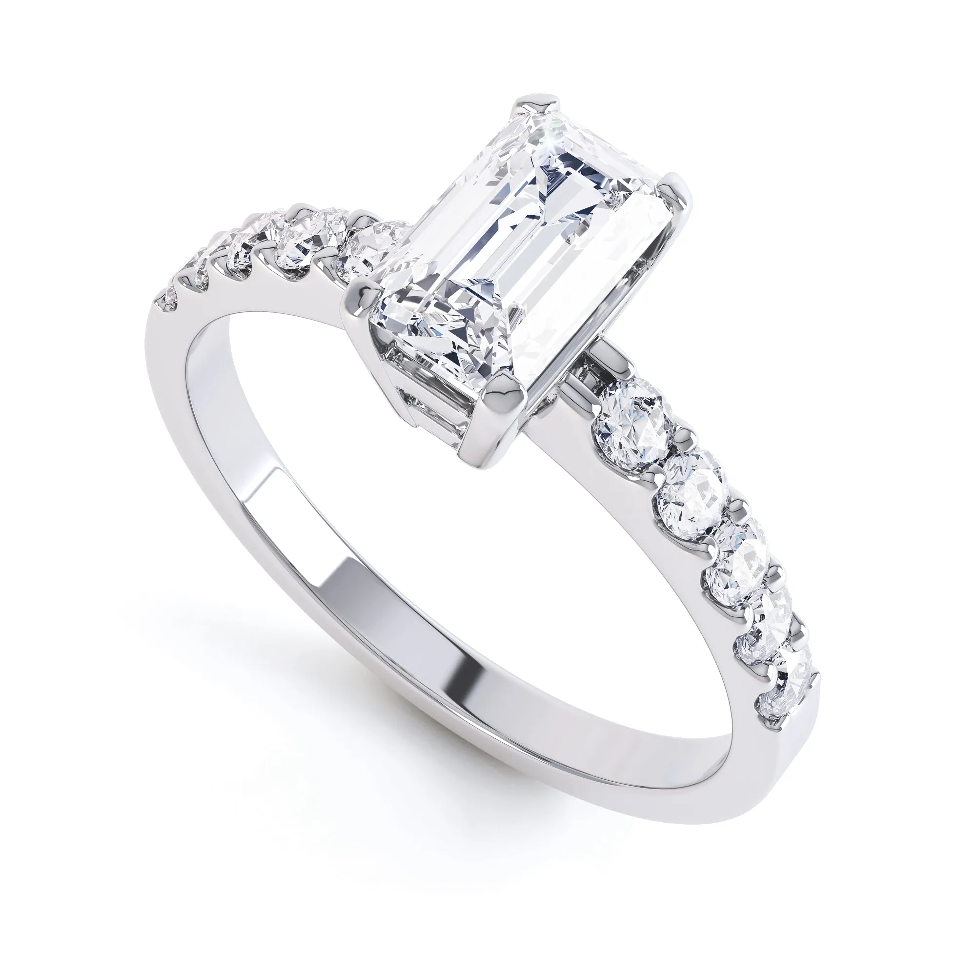 Diamond Engagement Ring- Emerald Corner Claw with Scollop Set Shank