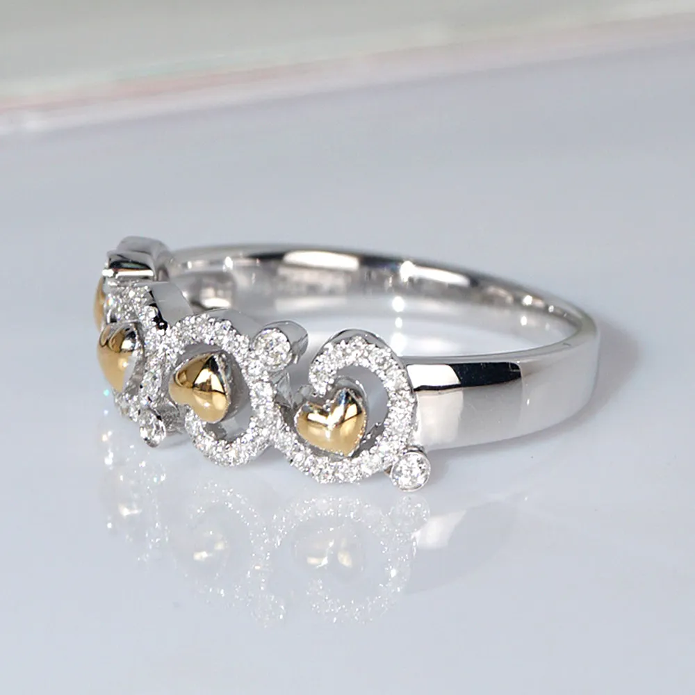 Diamond Scroll Two Tone Hearts Ring