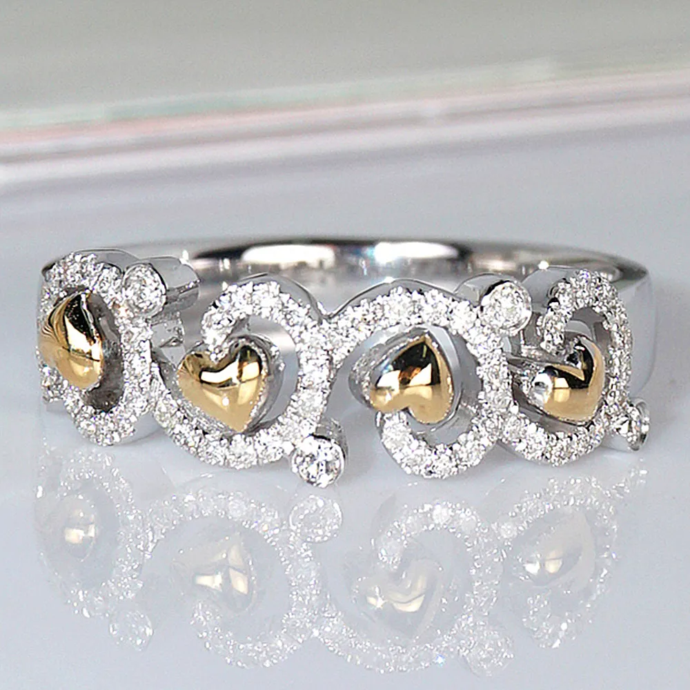 Diamond Scroll Two Tone Hearts Ring