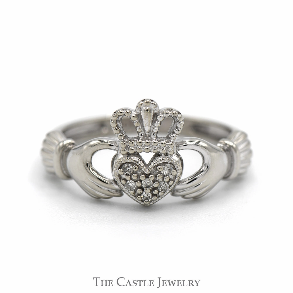 Diamond Accented Claddagh Ring in 10k White Gold Luxury Creation