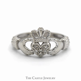 Diamond Accented Claddagh Ring in 10k White Gold Luxury Creation