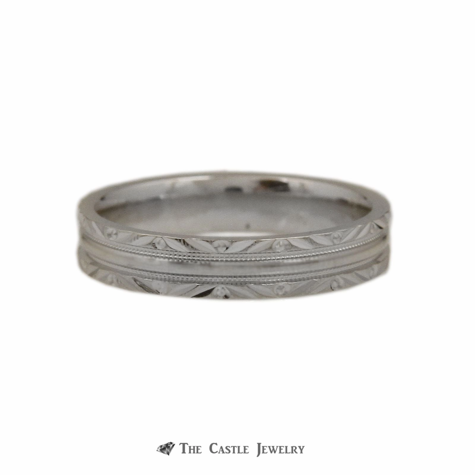 Delicate Work Diamond Cut Design 4mm Wedding Band with Ridged Center Crafted in 14k White Gold