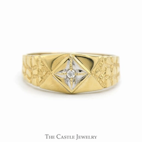 Mass market Exclusive Jewelry Diamond Solitaire Band with Textured Nugget Sides in 10k Yellow Gold