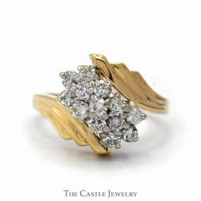 Soft Edge Exclusive piece Diamond Waterfall Cluster Ring in 14k Yellow Gold Ridged Mounting