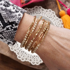 Classic Bracelet Set ?C Gold Chain & Cream Beads Crystal Decor Lasting Appeal