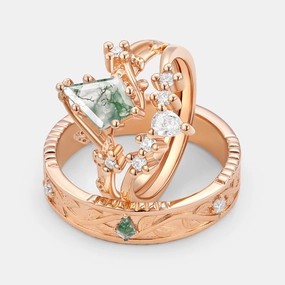 Custom Craft Nature Inspired - Unique Kite Cut Moss Agate Leafy Couple Ring Set 3pcs - Willow