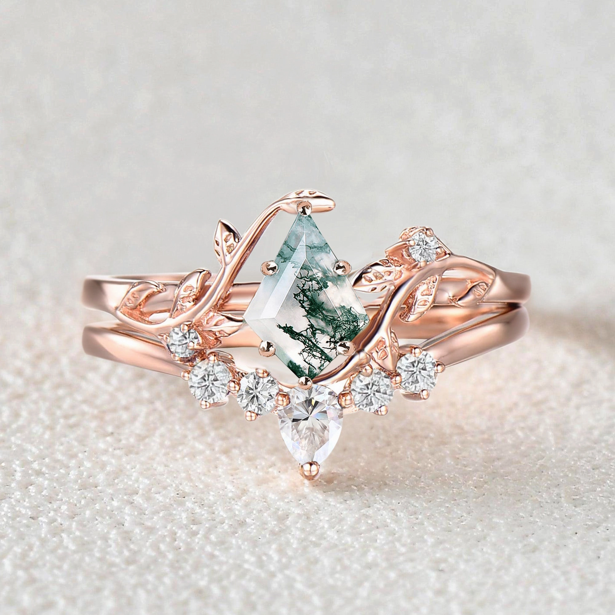 Nature Inspired - Unique Kite Cut Moss Agate Leafy Couple Ring Set 3pcs - Willow Date night Elegant Look