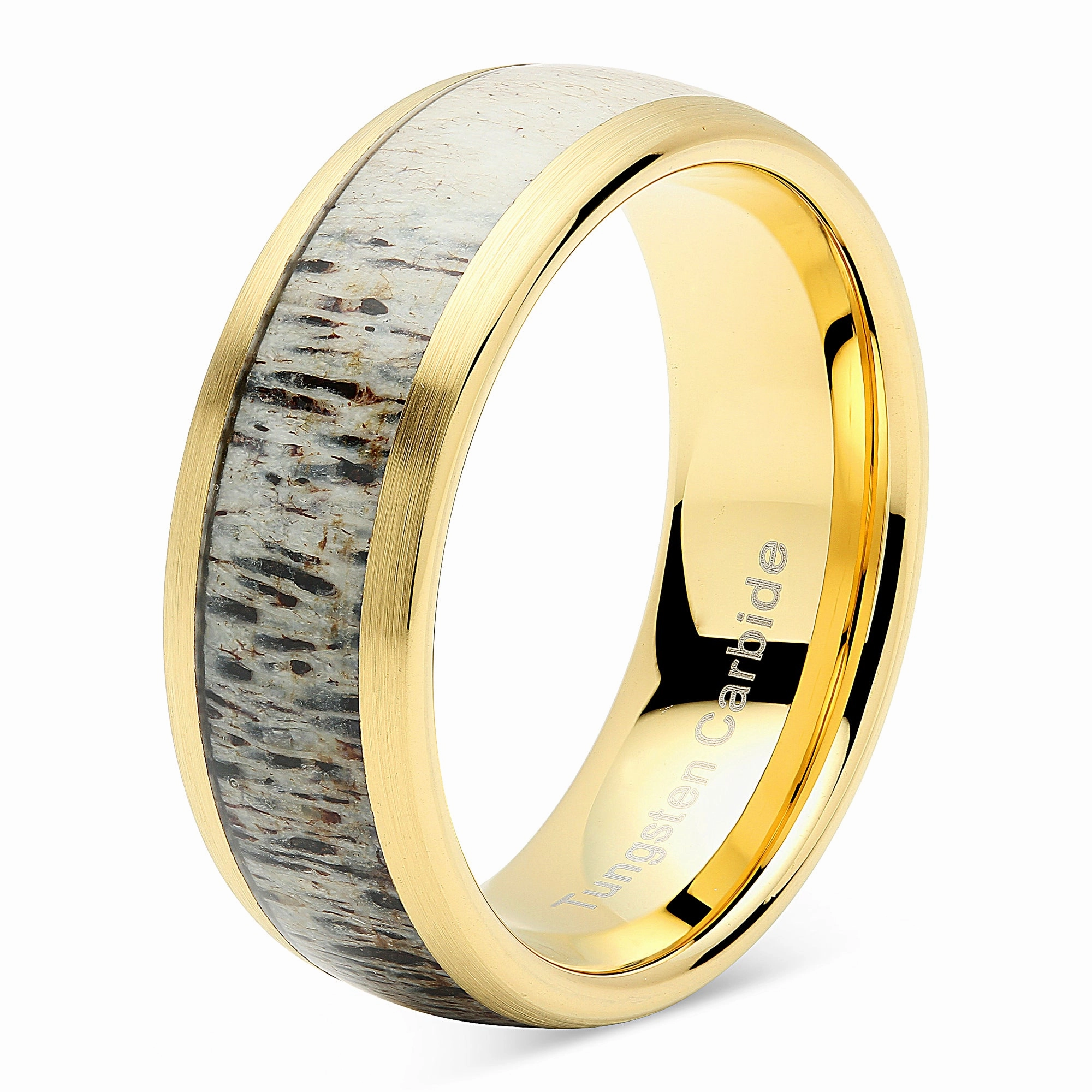 Value Symbol 100S JEWELRY Tungsten Rings for Men Gold Wedding Band Antler Inlaid Dome Edge Matte Finish Size 8-16