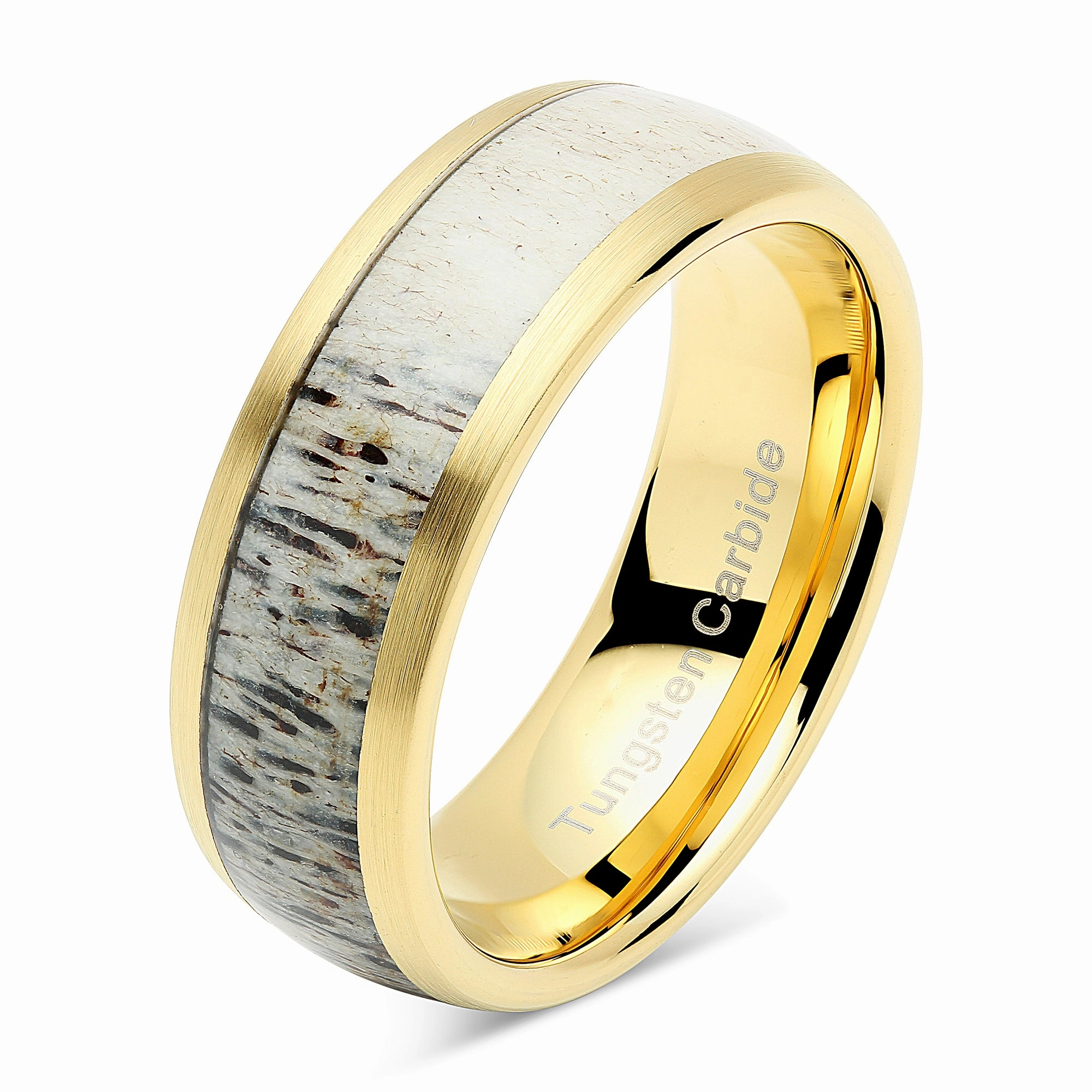 100S JEWELRY Tungsten Rings for Men Gold Wedding Band Antler Inlaid Dome Edge Matte Finish Size 8-16 Branded Jewelry