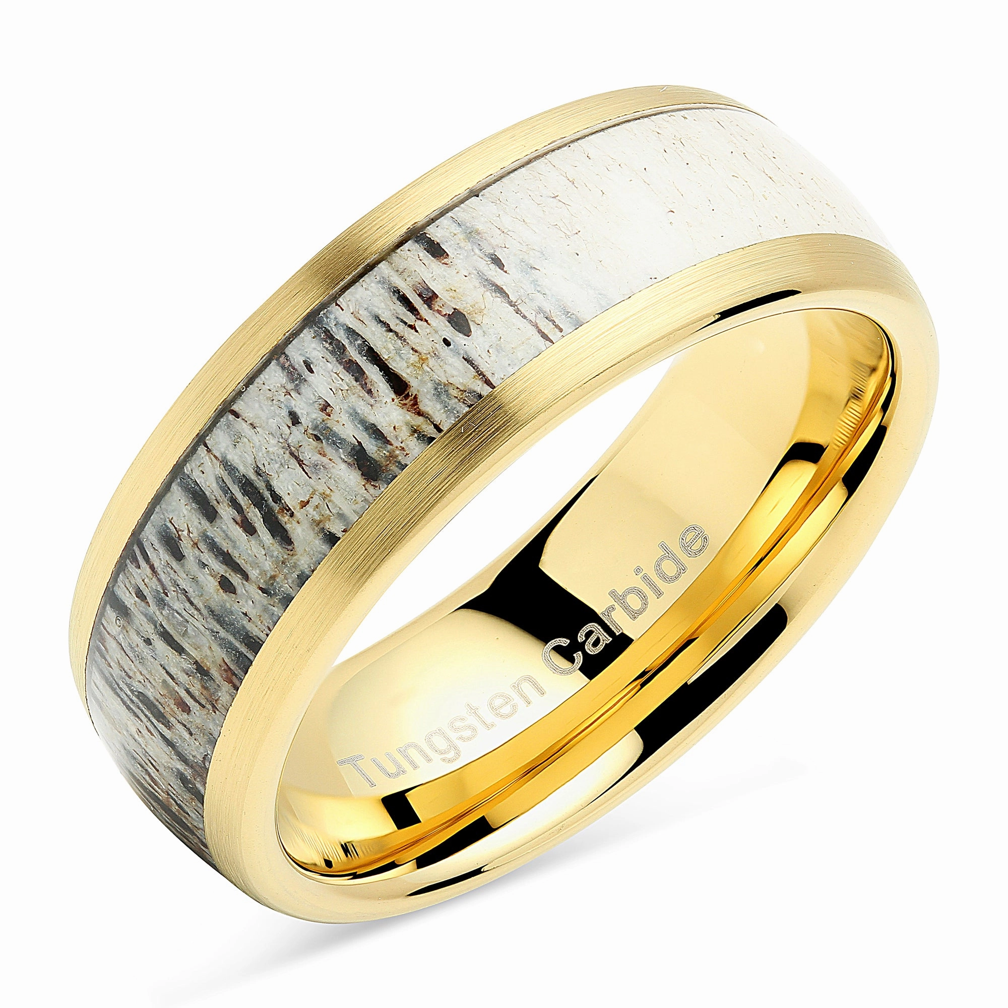 Soft Finish 100S JEWELRY Tungsten Rings for Men Gold Wedding Band Antler Inlaid Dome Edge Matte Finish Size 8-16
