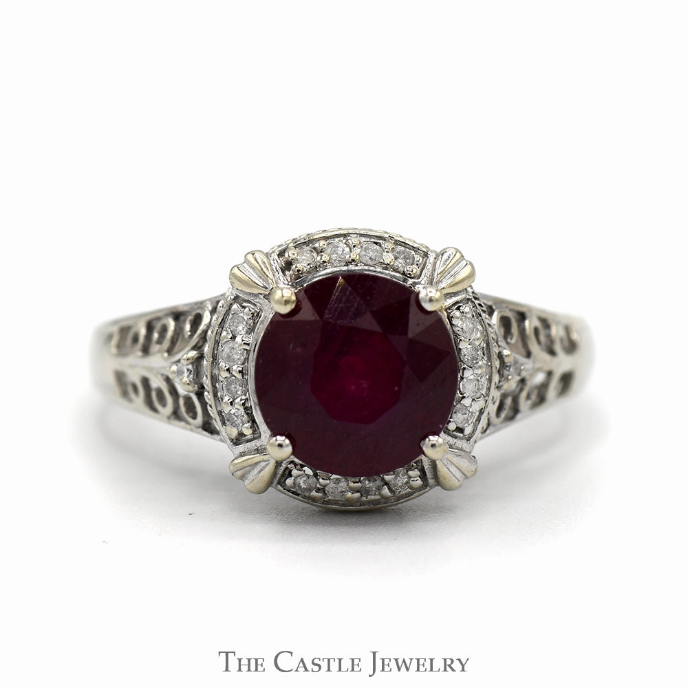 Excellent Decoration Amazing Embellishment Round Ruby Ring with Diamond Bezel and Scrollwork Sides in 10k White Gold
