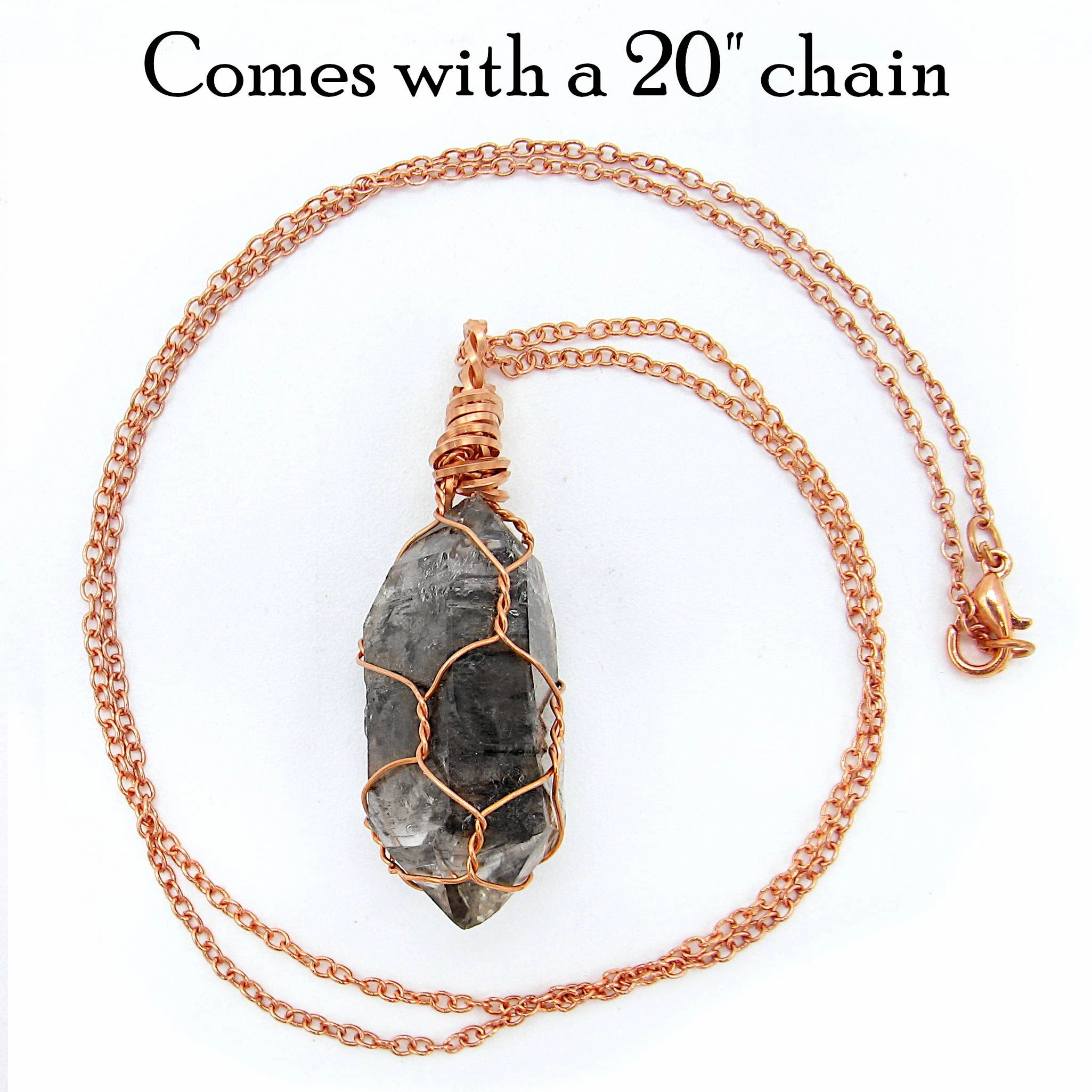 Dark Smoky Quartz Raw Crystal Pendant Necklace, Copper Wire-Wrapped, Handmade, with 20" Chain Classic Lady