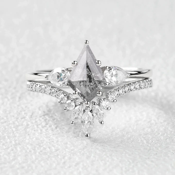 Fashion Statement Contemporary Form Three Pear Stone Black Rutilated Quartz Engagement Ring Sets 2pcs