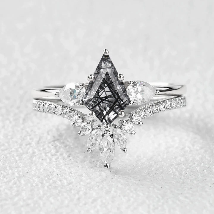 Timeless Detailing Evening Wear Three Pear Stone Black Rutilated Quartz Engagement Ring Sets 2pcs