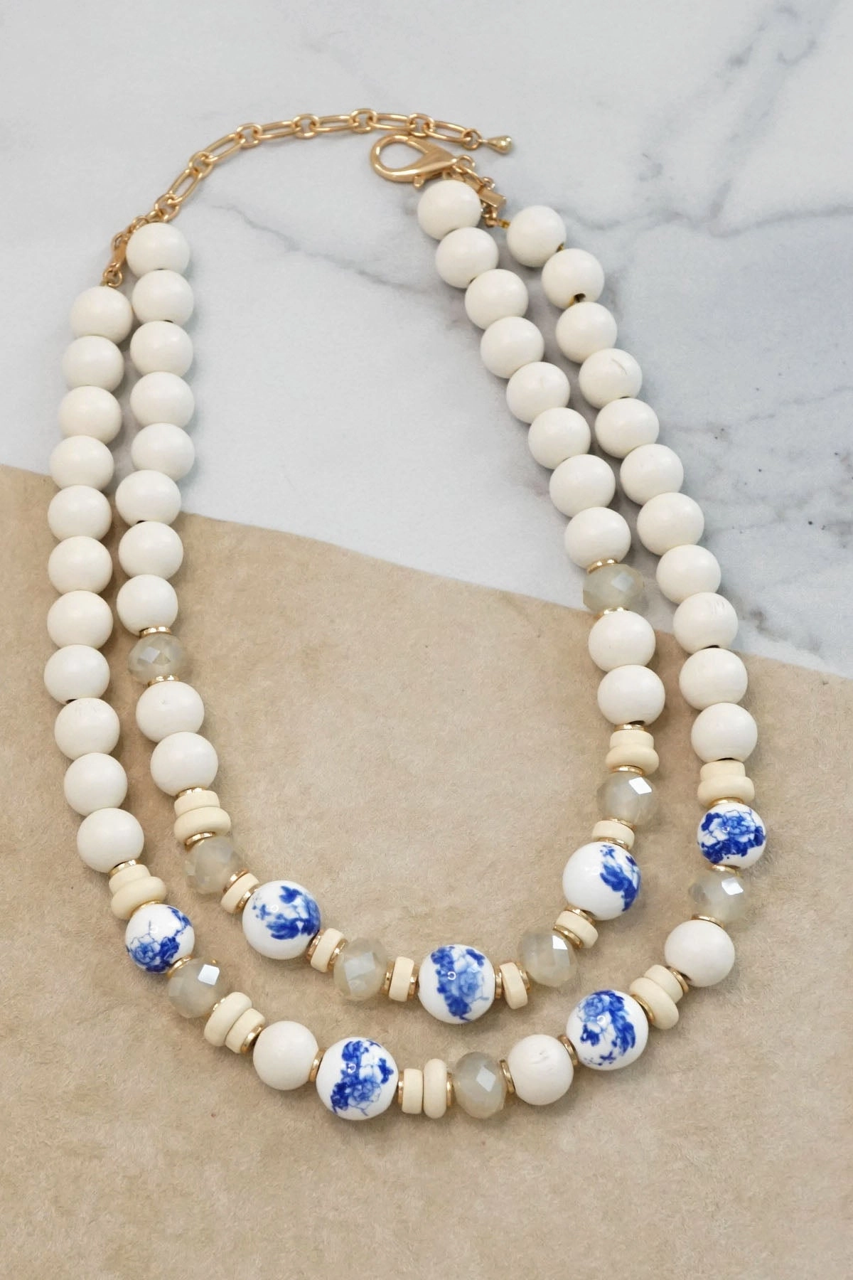 Urban Night Multi Strand Spring Wood and Chinoiserie Beads Short Necklace in White and Gold