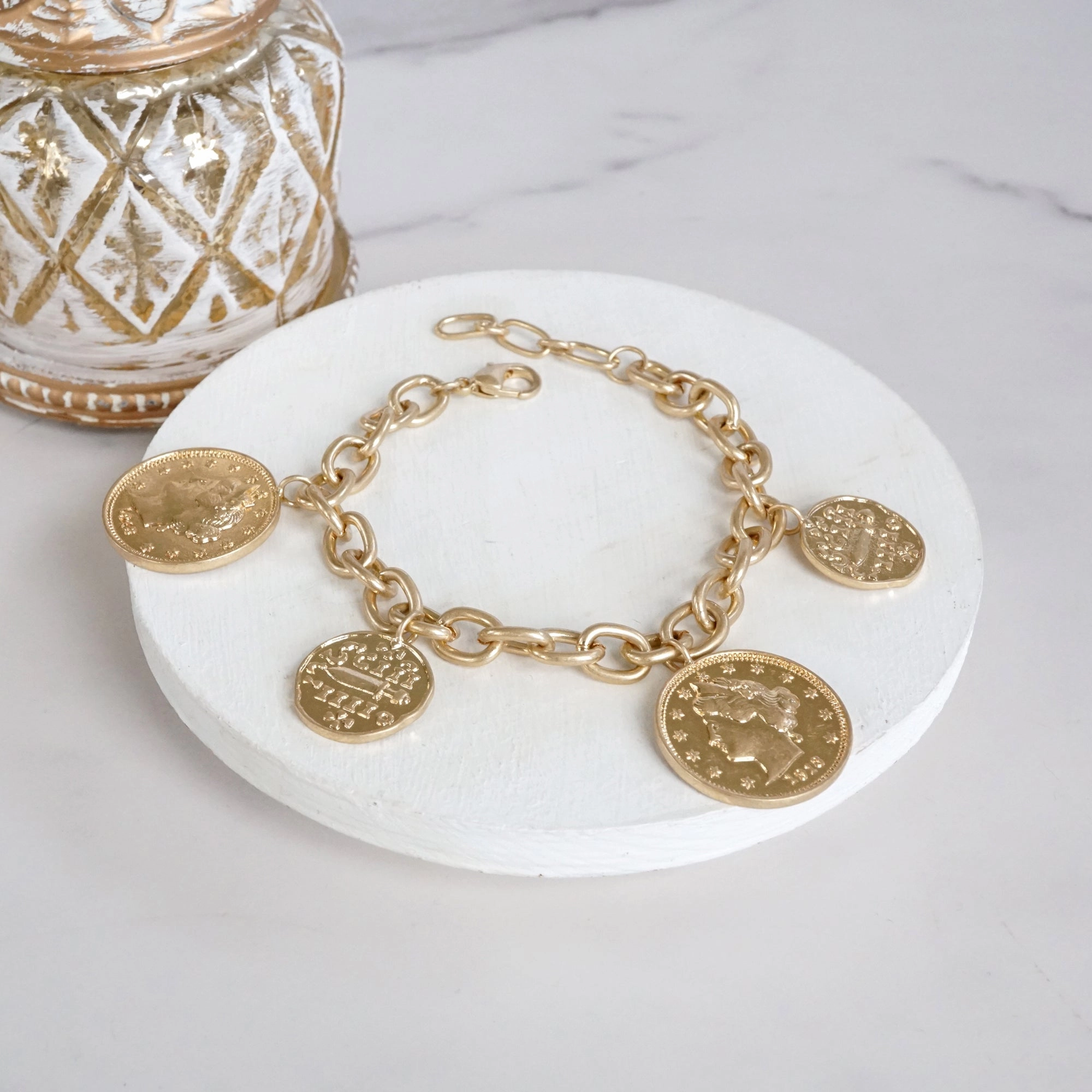 Hot Commodity Joint Effort Boho Coins Statement Chain Bracelet ?C Worn Gold Tone
