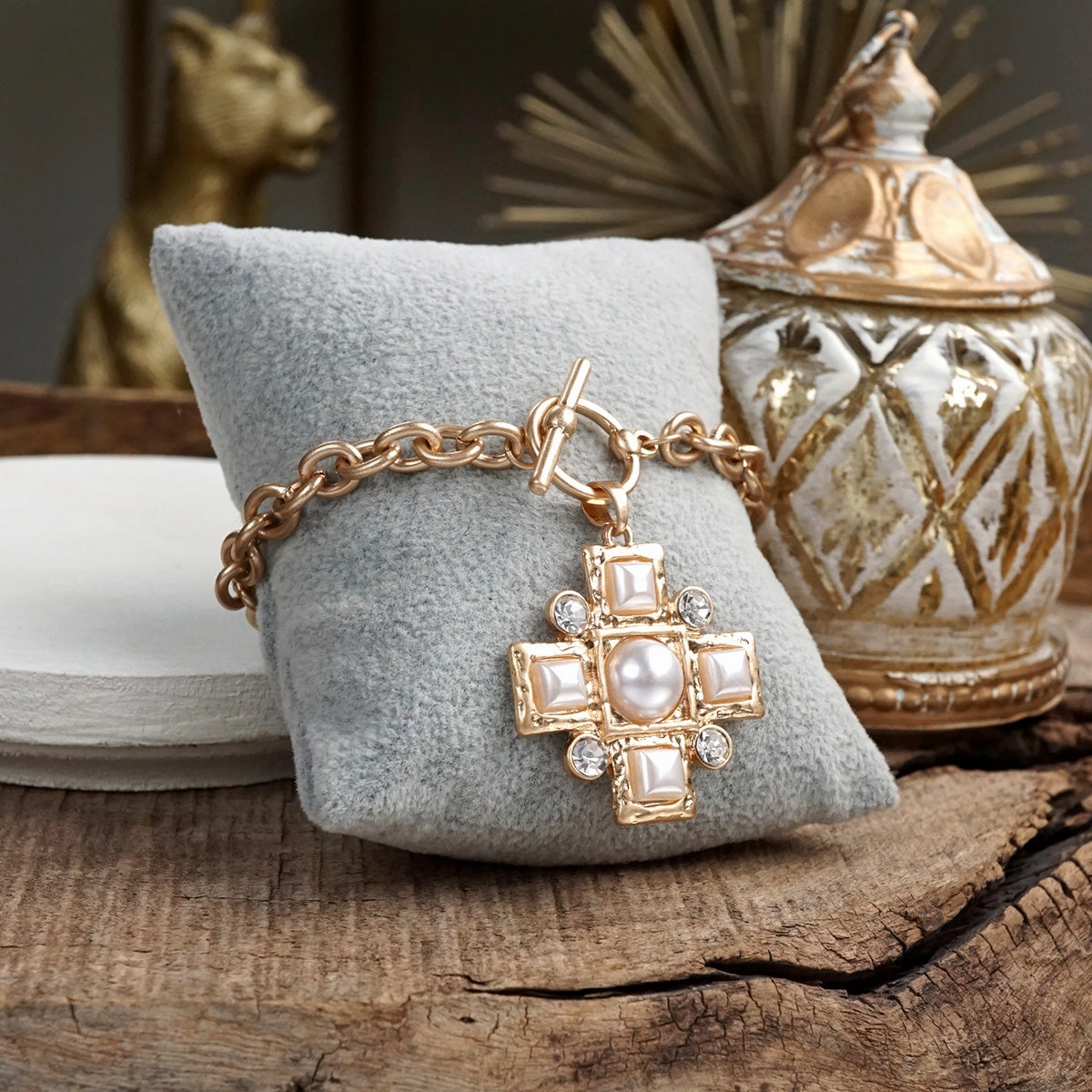 Divine Gleam ?C Hammered Cross Toggle Bracelet with Pearls & Crystals Impeccable Finish
