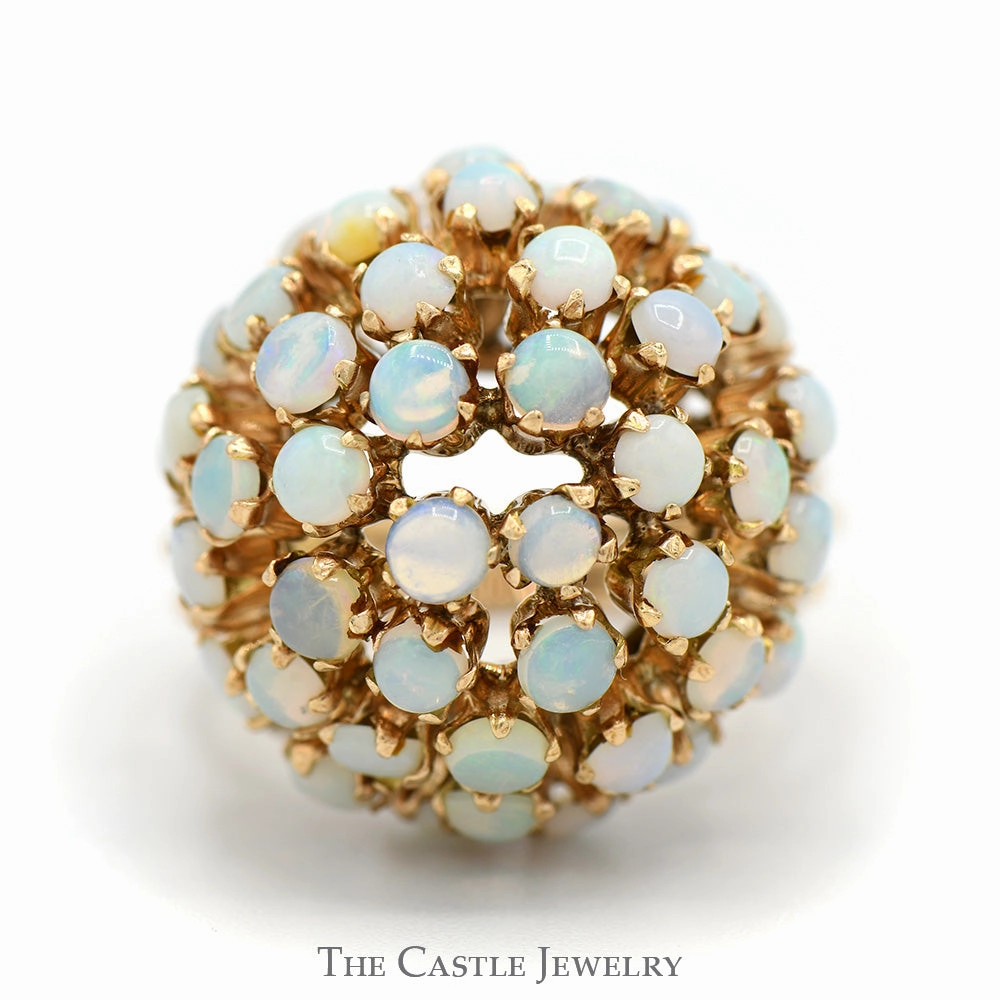 Dome Shaped Opal Cluster Ring with Open Split Rope Designed Sides in 10k Yellow Gold Gentle care