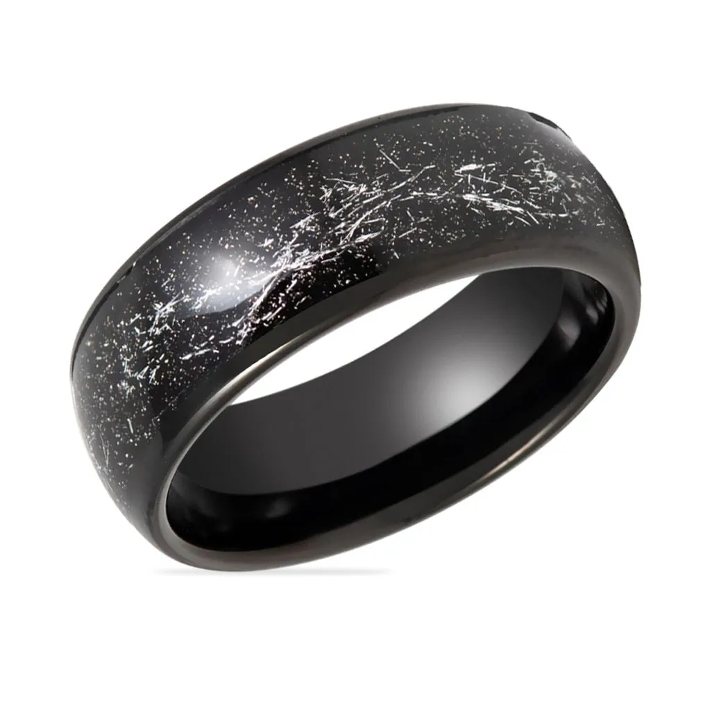 DOMINATOR | Black Tungsten Ring, Black Meteorite Inlay, Domed