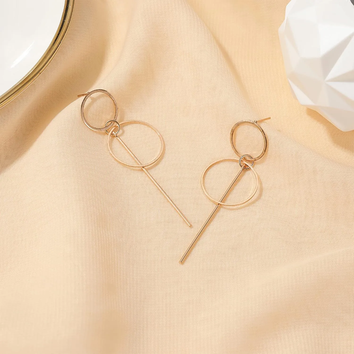Double Circle Threader Earrings Interlocking Circle Threader Earrings Long Minimalist Chain Earrings Cute Small Circle Threader Gold Silver Earrings for Women (Earring version-Gold)