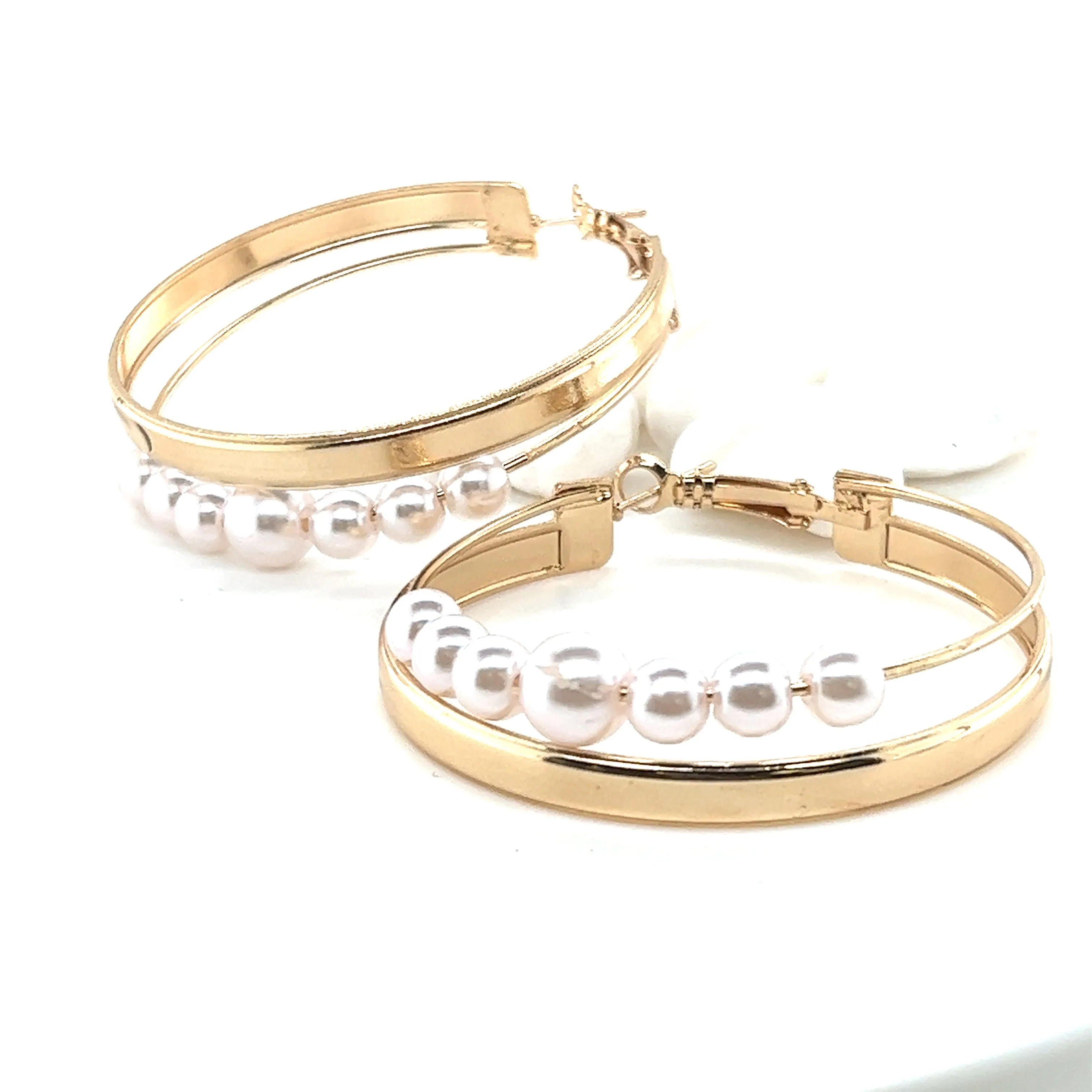 Double Hoop Pearl Bead Gold Tone Earrings