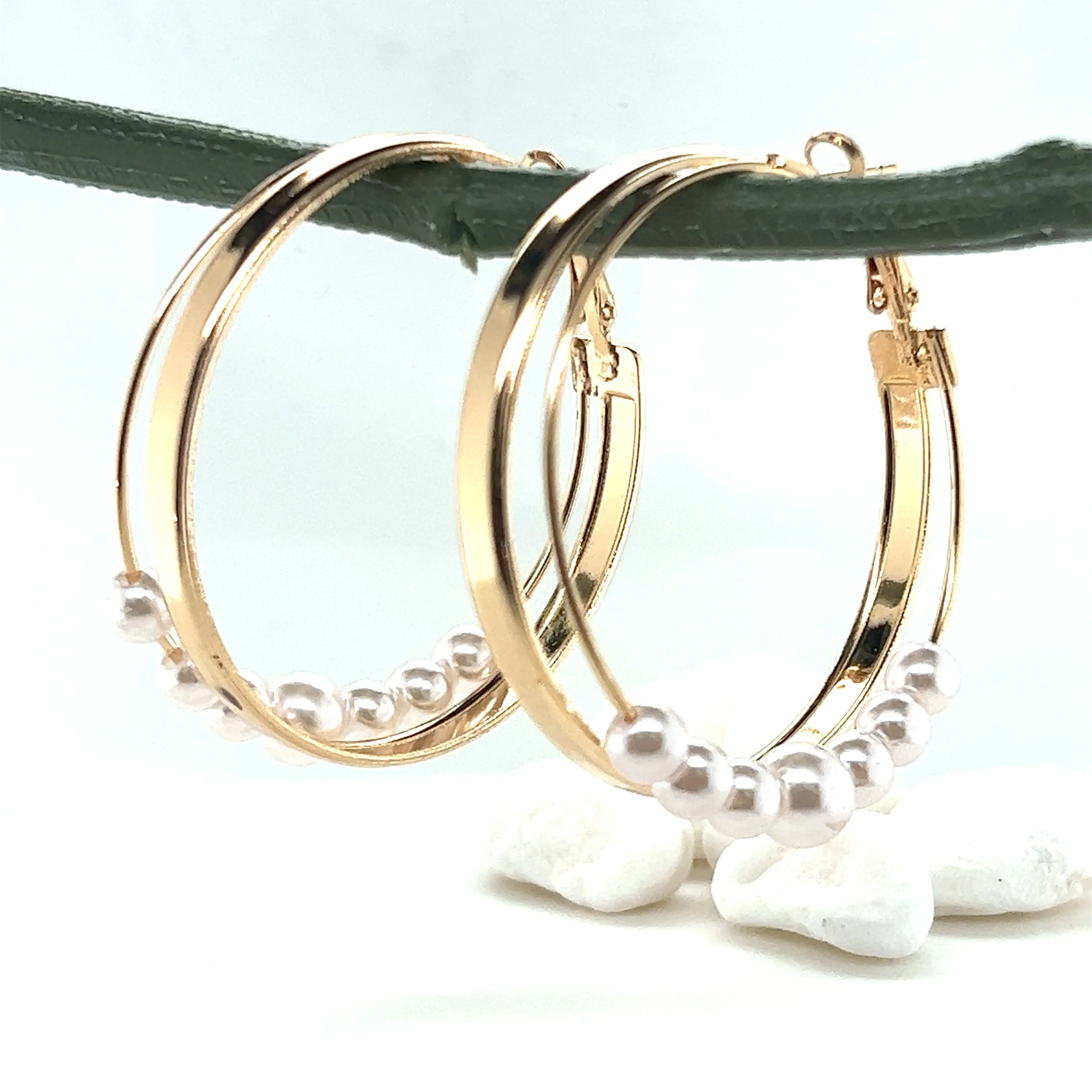 Double Hoop Pearl Bead Gold Tone Earrings