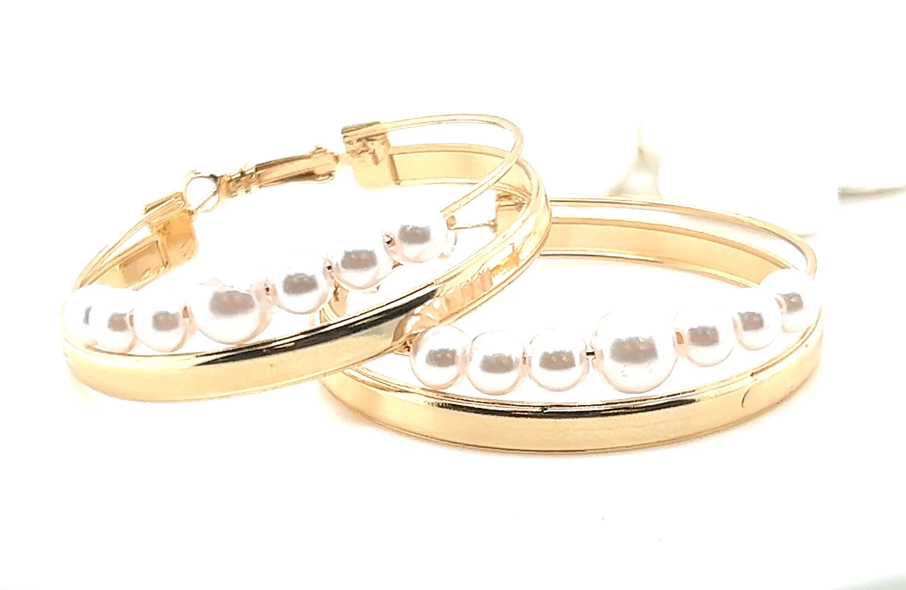 Double Hoop Pearl Bead Gold Tone Earrings
