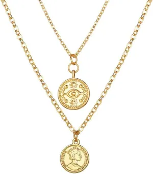 Double Layer Necklace for Women Vintage Coin Pendant Necklace Clavicle Chain Fashion Jewelry (Gold, One Size)