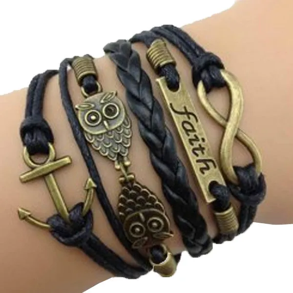 Double Owl Infinity Anchor Bracelet