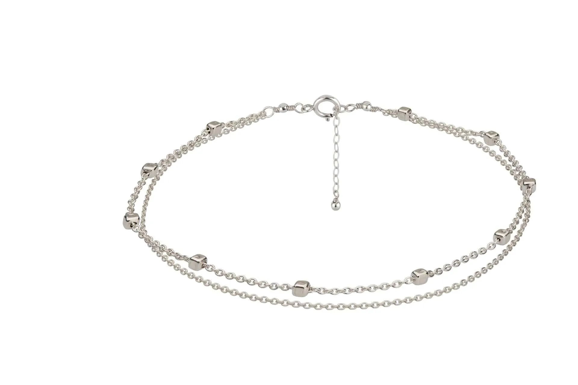 Double Stranded Sterling Silver Satellite Chain Anklet with Tiny Cubes