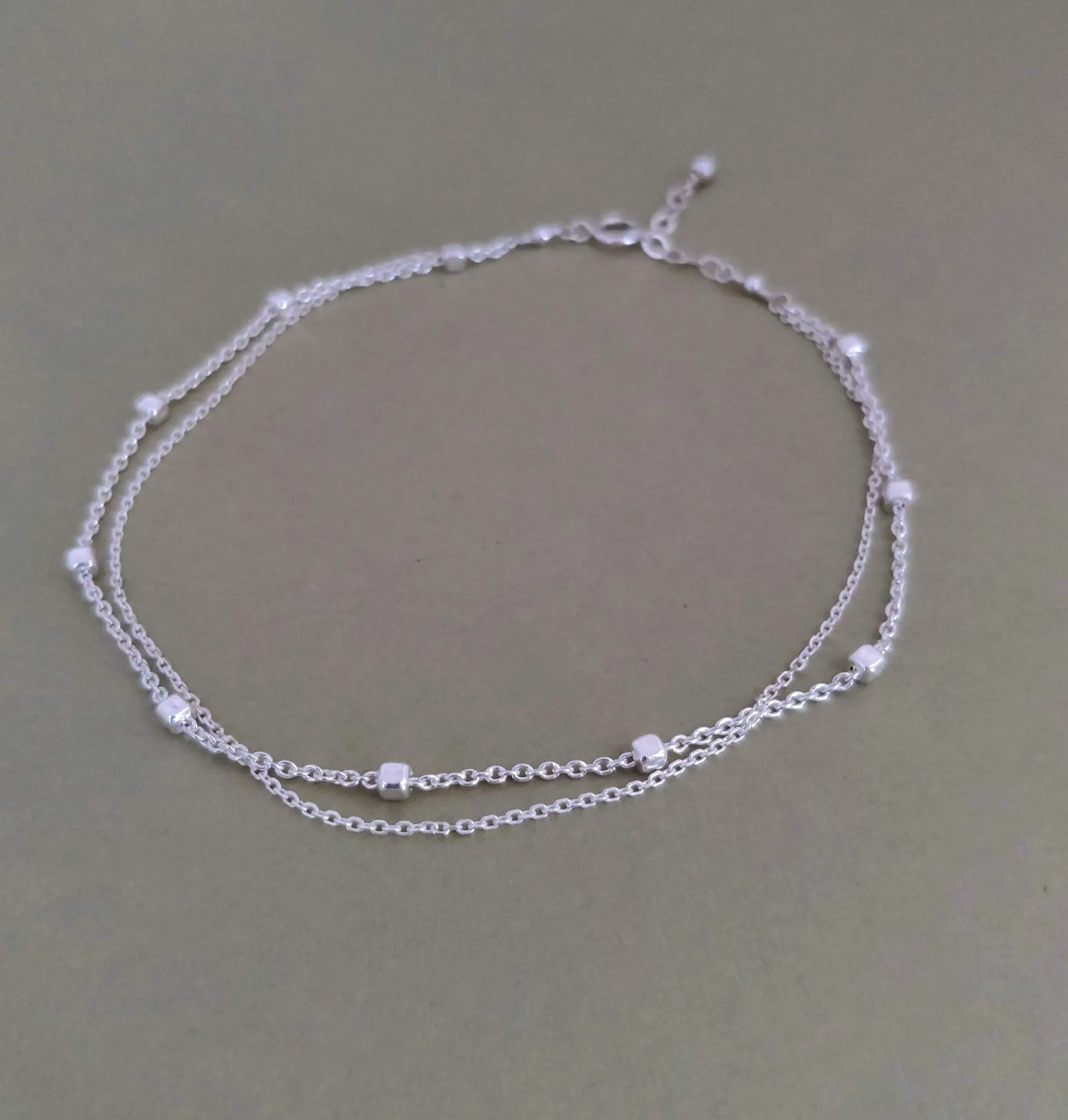 Double Stranded Sterling Silver Satellite Chain Anklet with Tiny Cubes