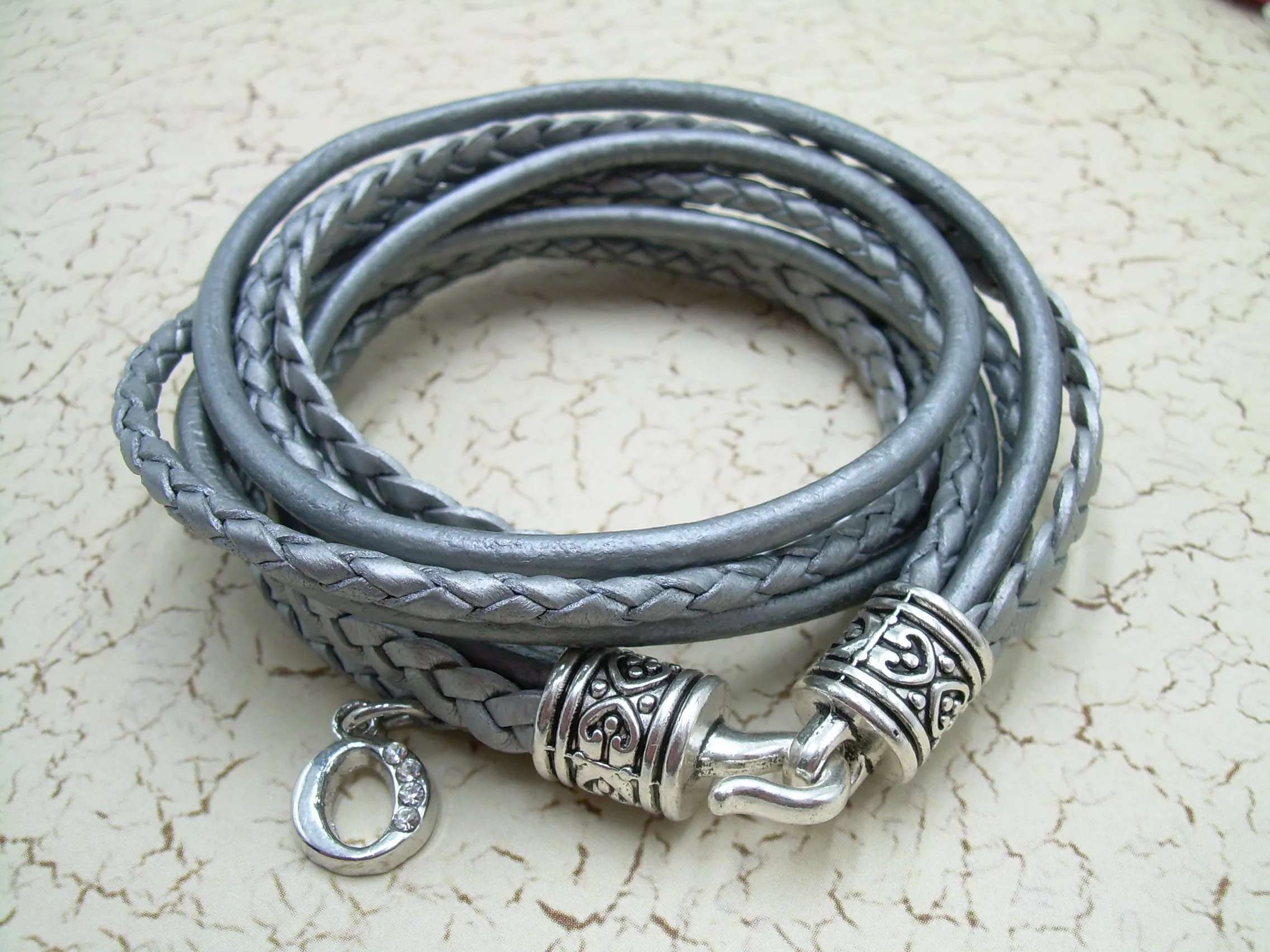 Double Wrap Multi Strand Leather Bracelet with Rhinestone Initial Charm