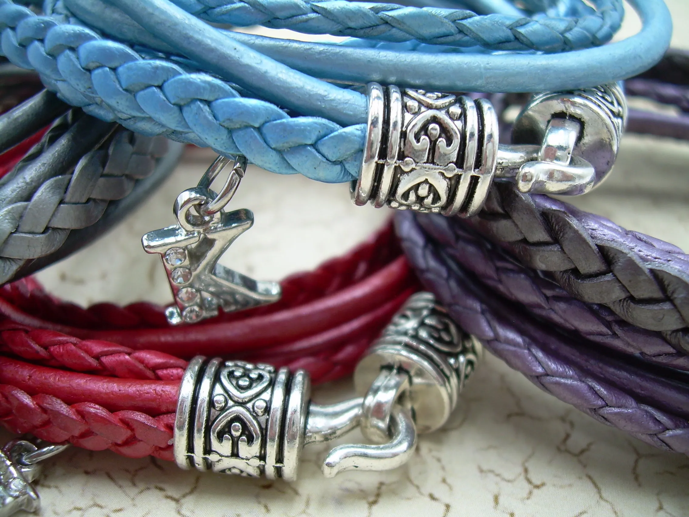 Double Wrap Multi Strand Leather Bracelet with Rhinestone Initial Charm