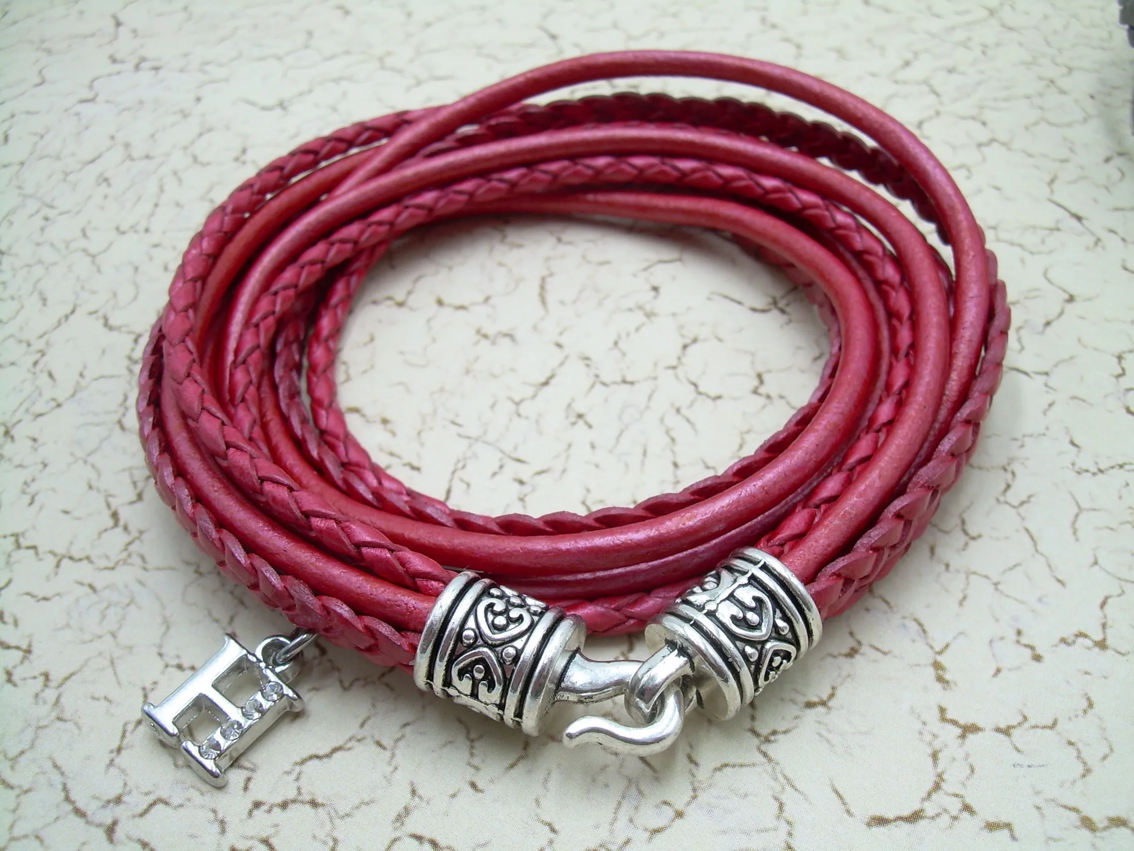 Double Wrap Multi Strand Leather Bracelet with Rhinestone Initial Charm