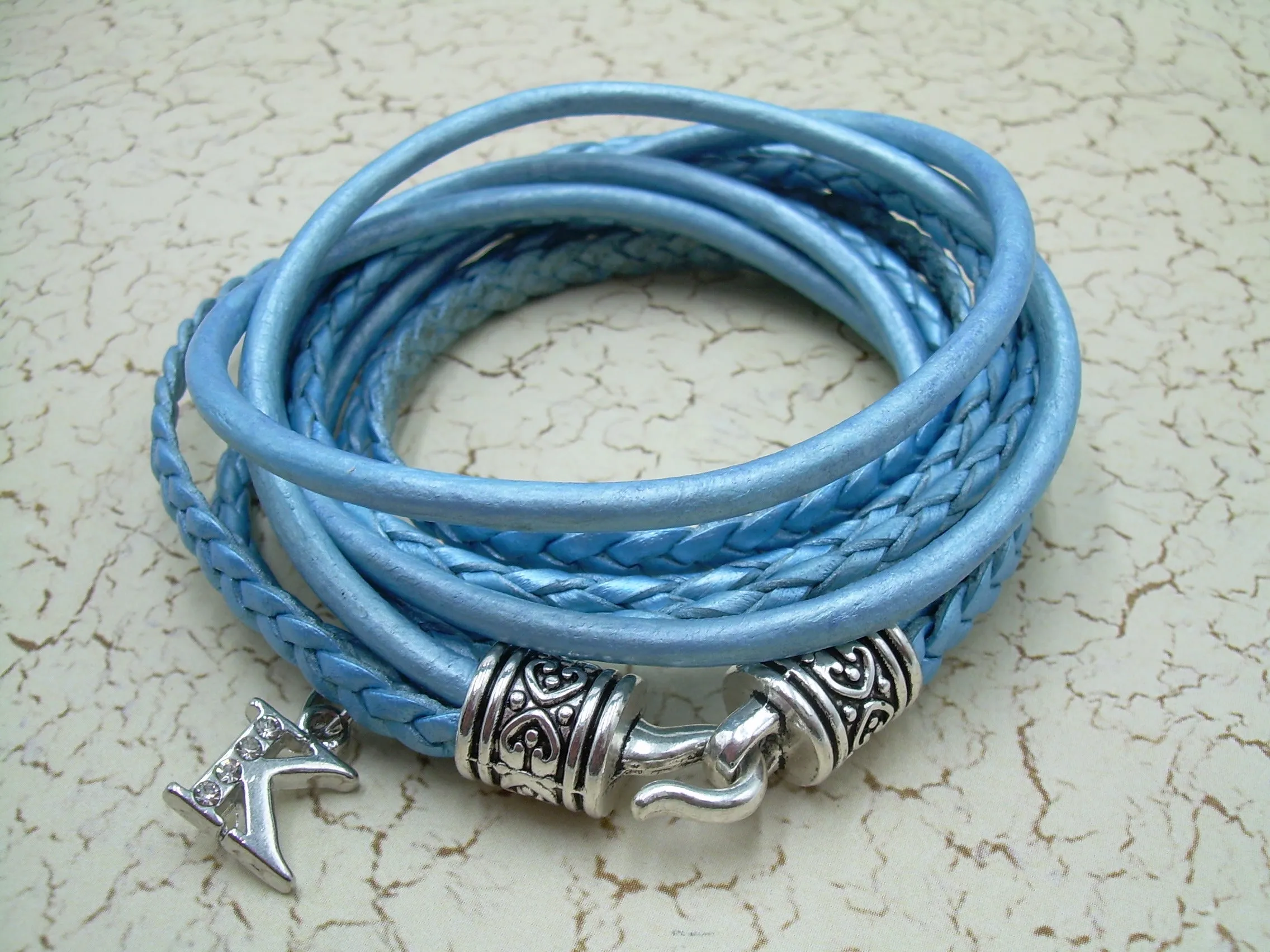 Double Wrap Multi Strand Leather Bracelet with Rhinestone Initial Charm