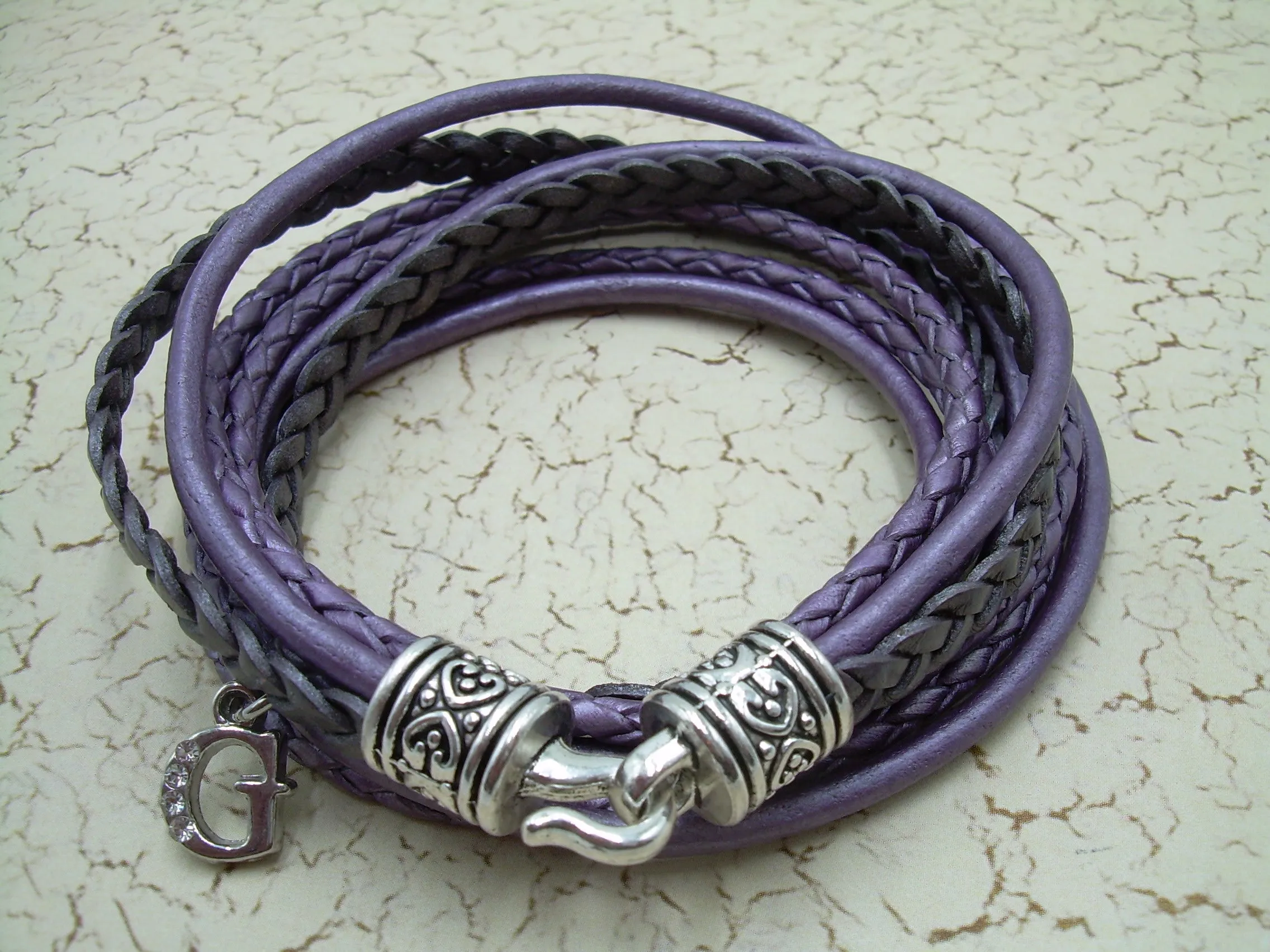 Double Wrap Multi Strand Leather Bracelet with Rhinestone Initial Charm
