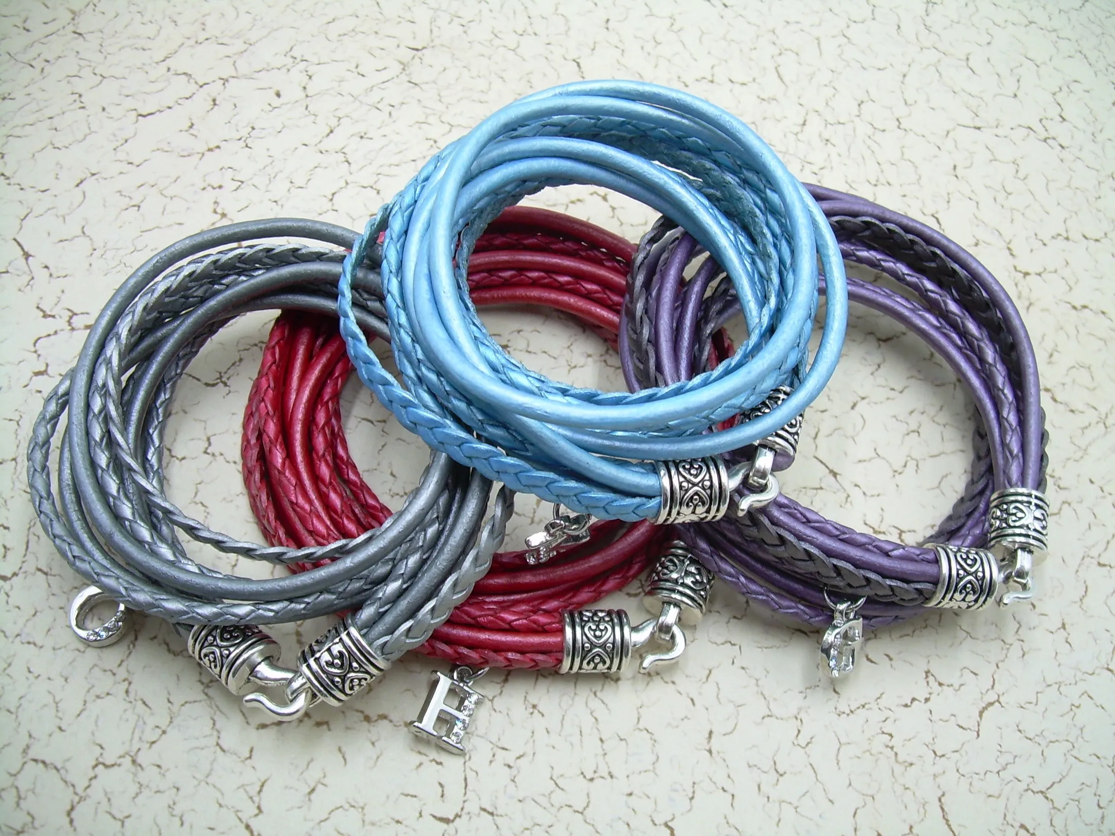 Double Wrap Multi Strand Leather Bracelet with Rhinestone Initial Charm