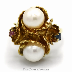 Double Pearl Ring in Floral Setting with Sapphire & Ruby Accents in 14k Yellow Gold Timeless Article Amazing Art