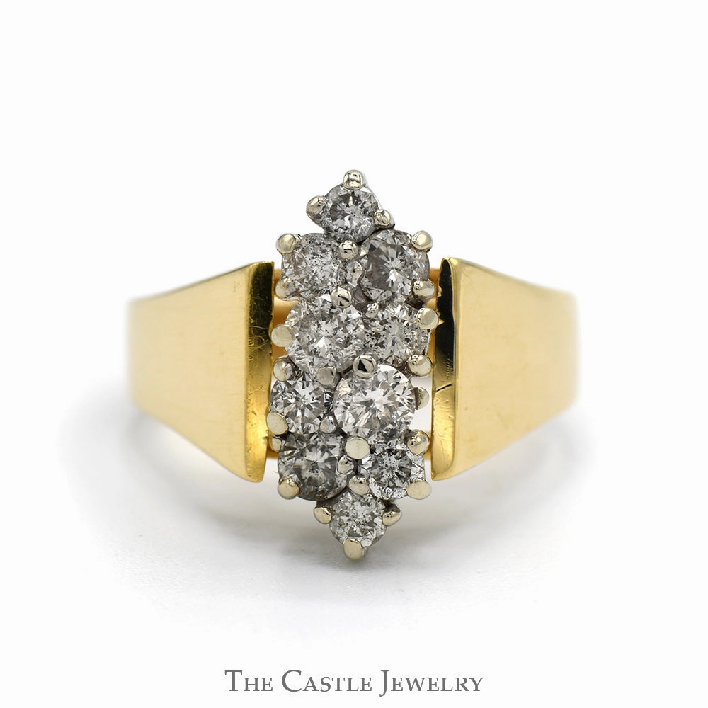 Double Row .98cttw Diamond Cluster Ring in 14k Yellow Gold Cathedral Mounting Geometric Art