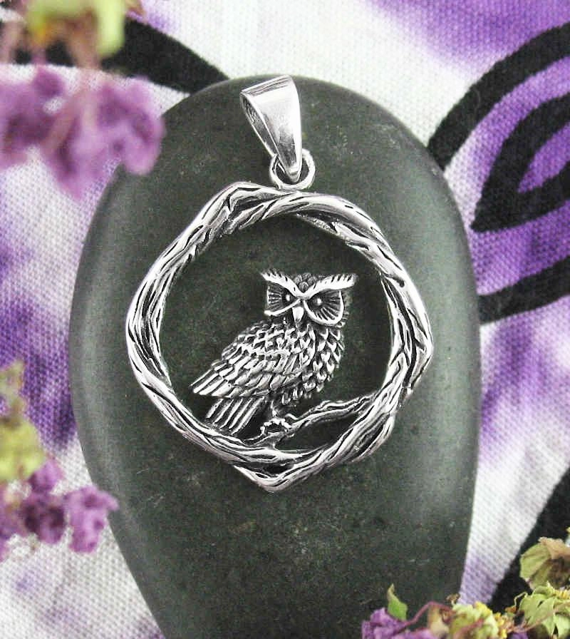 Owl Framed In Woody Wreath Circle Pendant Monochrome Piece