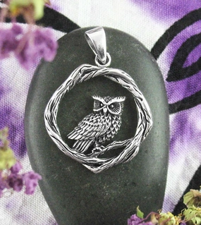 Owl Framed In Woody Wreath Circle Pendant Monochrome Piece