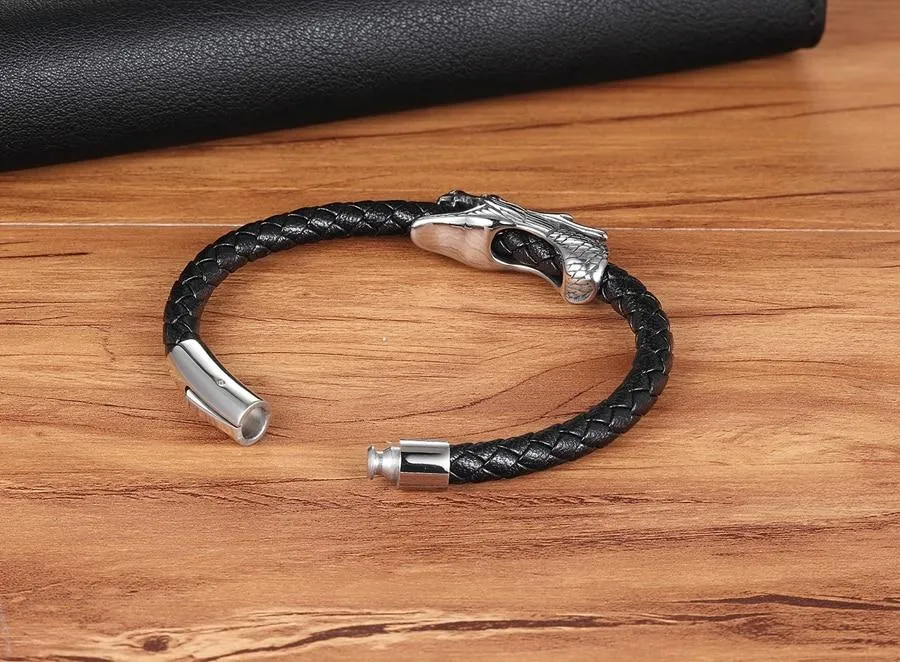 Dragon Braided Leather Magnet Clasp Bracelet