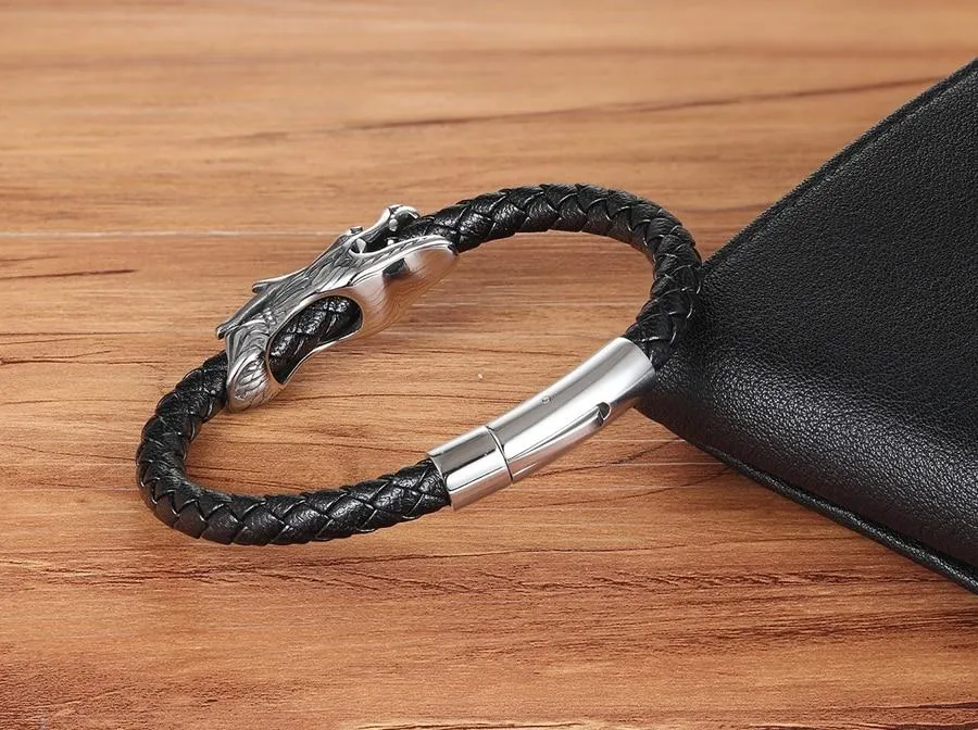 Dragon Braided Leather Magnet Clasp Bracelet