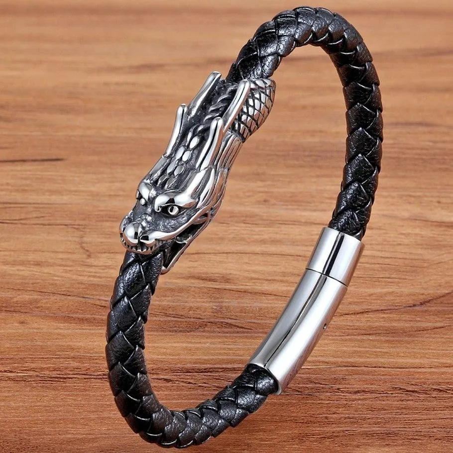 Dragon Braided Leather Magnet Clasp Bracelet
