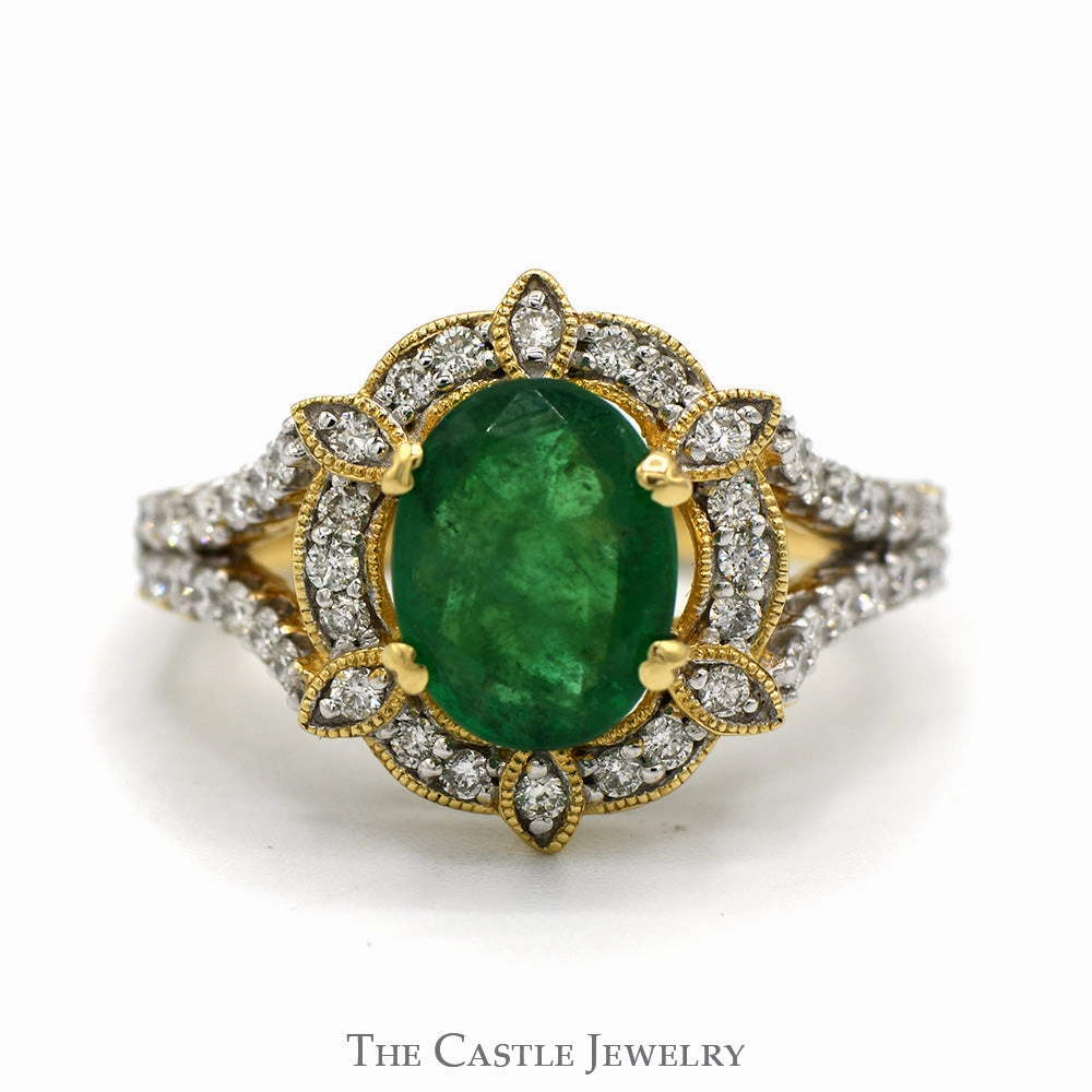 2.25ct Oval Emerald Vintage Ring with Diamond Halo and Accented Split Shank Sides in 14k Yellow Gold Modern Interpretation