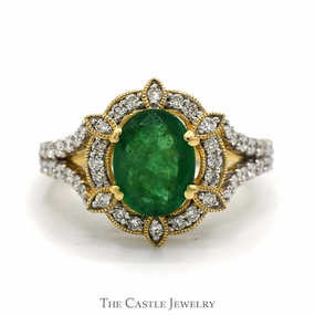 2.25ct Oval Emerald Vintage Ring with Diamond Halo and Accented Split Shank Sides in 14k Yellow Gold Modern Interpretation